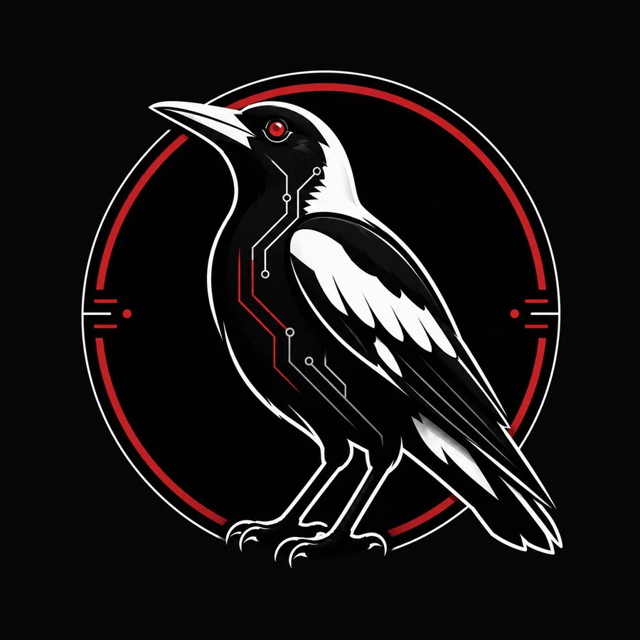 The MagpieMatrix magpie — black and white plumage, a chestnut-red eye, circuit traces running through its feathers