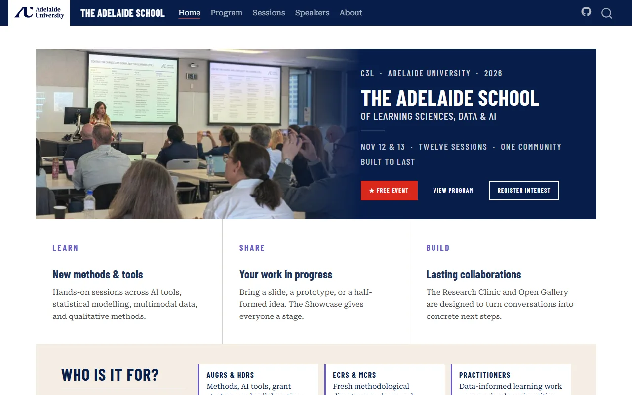 The Adelaide School of Learning Sciences, Data & AI — Nov 12 & 13, twelve sessions, one community built to last