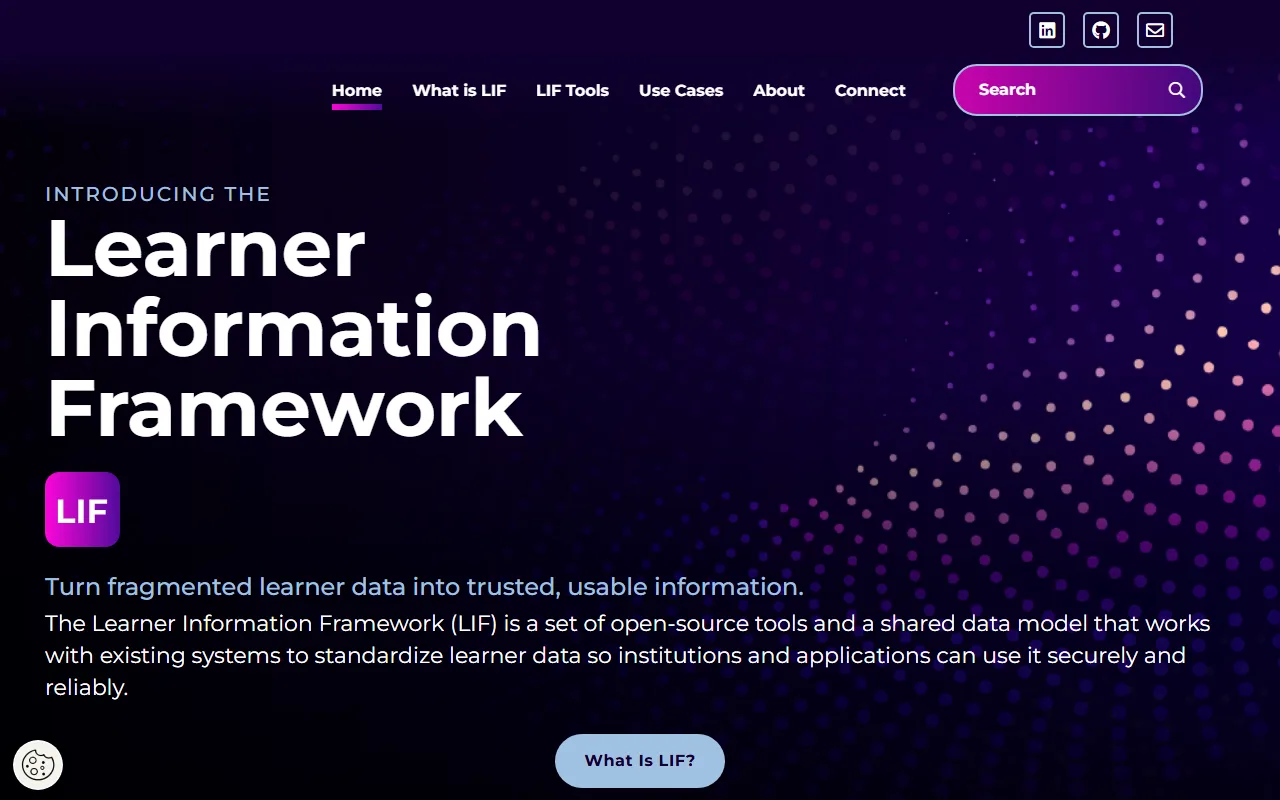 Screenshot of the Learner Information Framework website — turn fragmented learner data into trusted, usable information